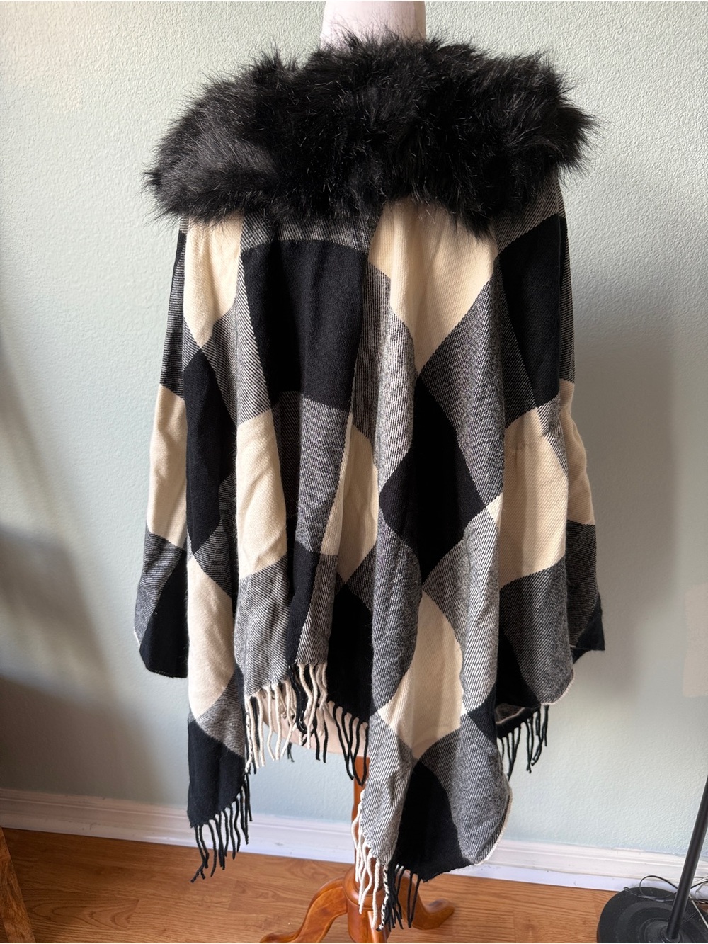 J. Crew Black and Gray Plaid Faux-Fur Collar Poncho - Picture 7 of 8